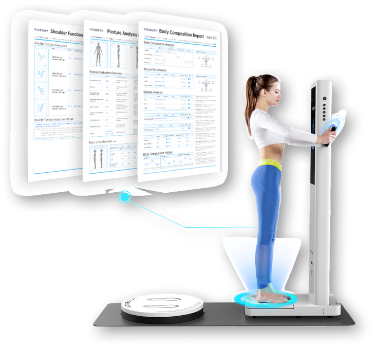 Visbody S30 durante la rilevazione e schermate illustrative dei report