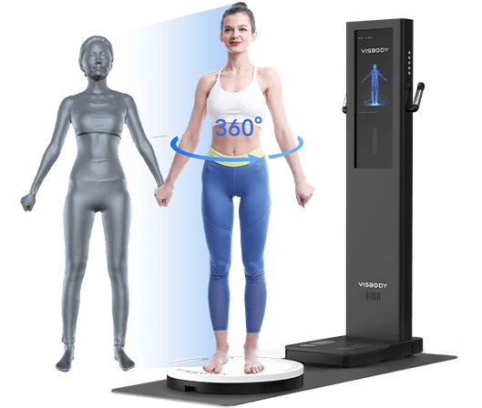 Visbody S30: dispositivo con pedana rotante e rappresentazione della scansione 3D
